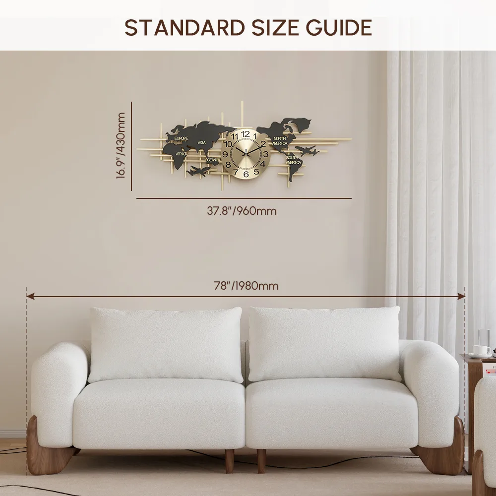 38" Modern Metal Large Map Wall Clock Decor Creative Silent Clocks Art for Living Room — image 6