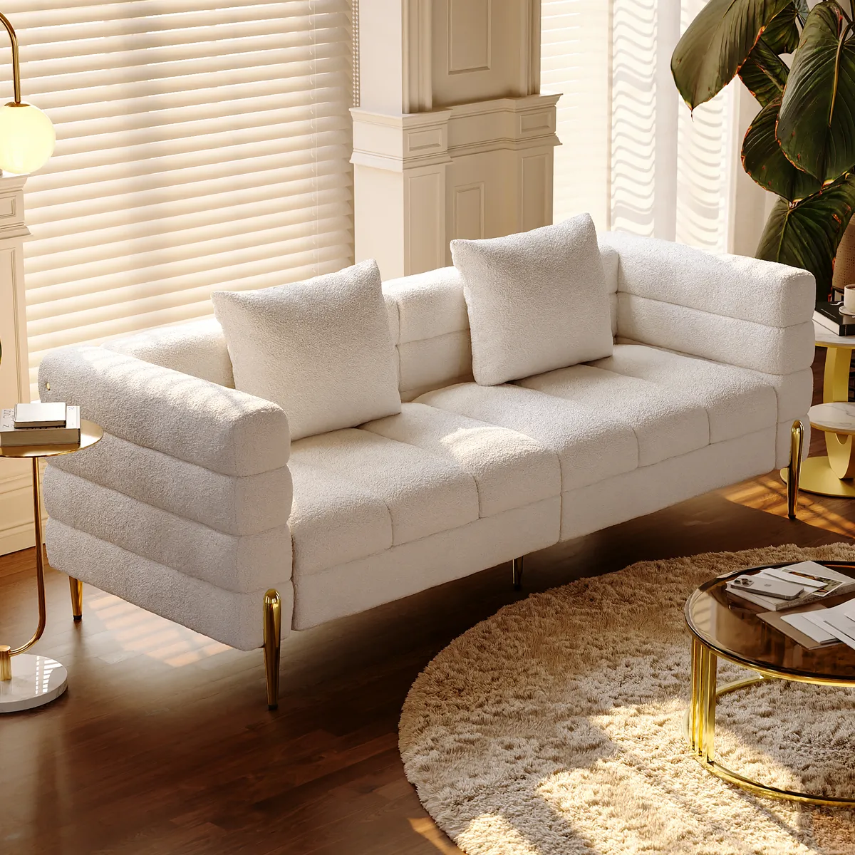Living Room Couch Set of 2 White Boucle Upholstered Fluted 3-Seater Sofa with Pillows — image 17