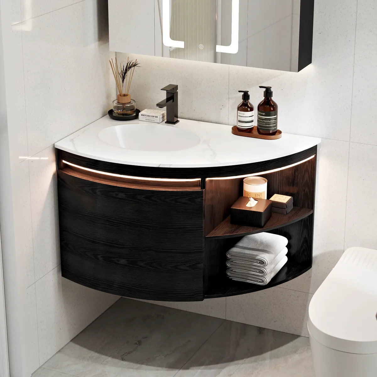 36" Corner Bathroom Vanity with Storage & LED Sensor Light