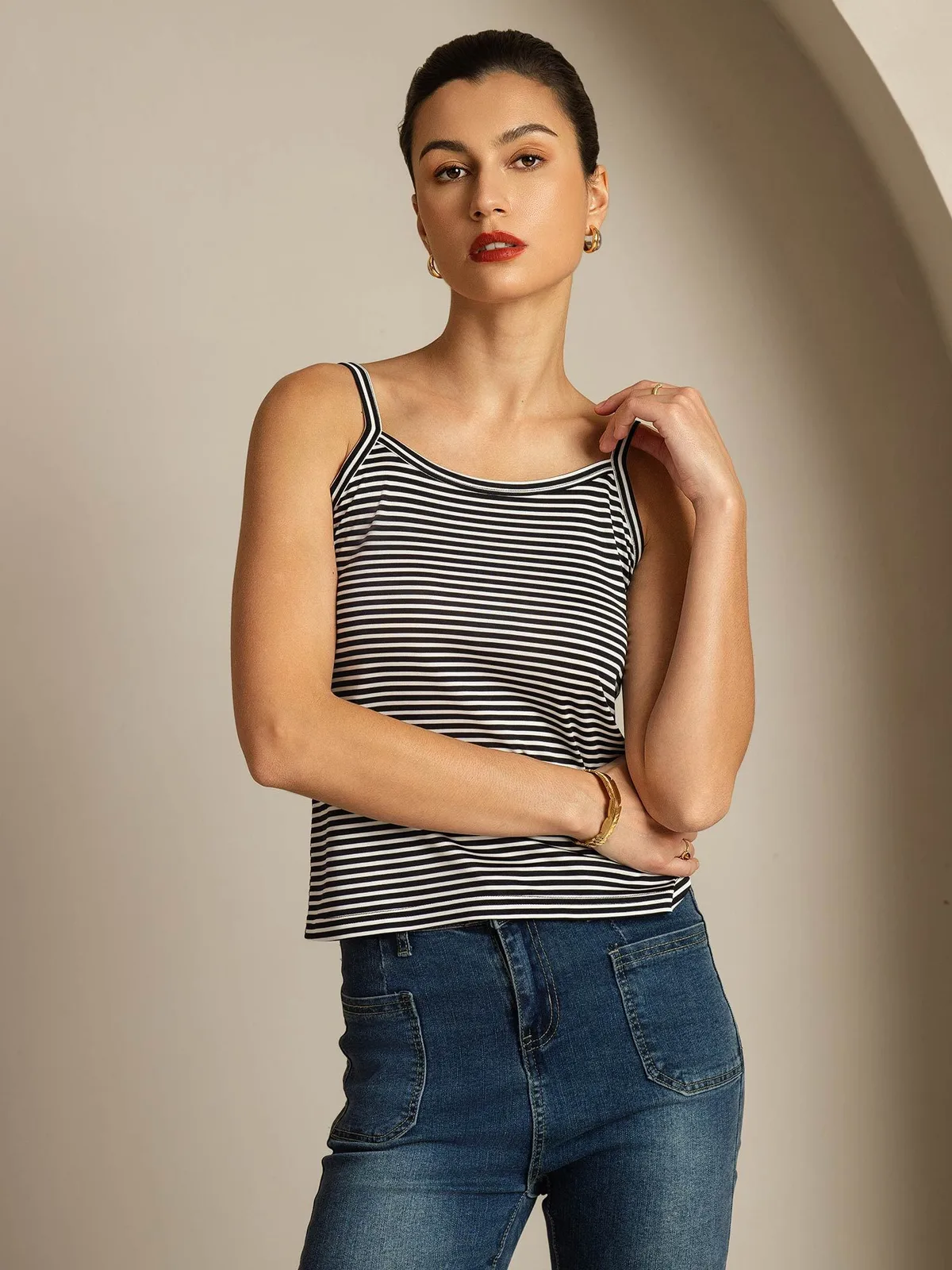 100% Mulberry Silk Spaghetti Strap Square Neck Stripe Camisole Top — image 3