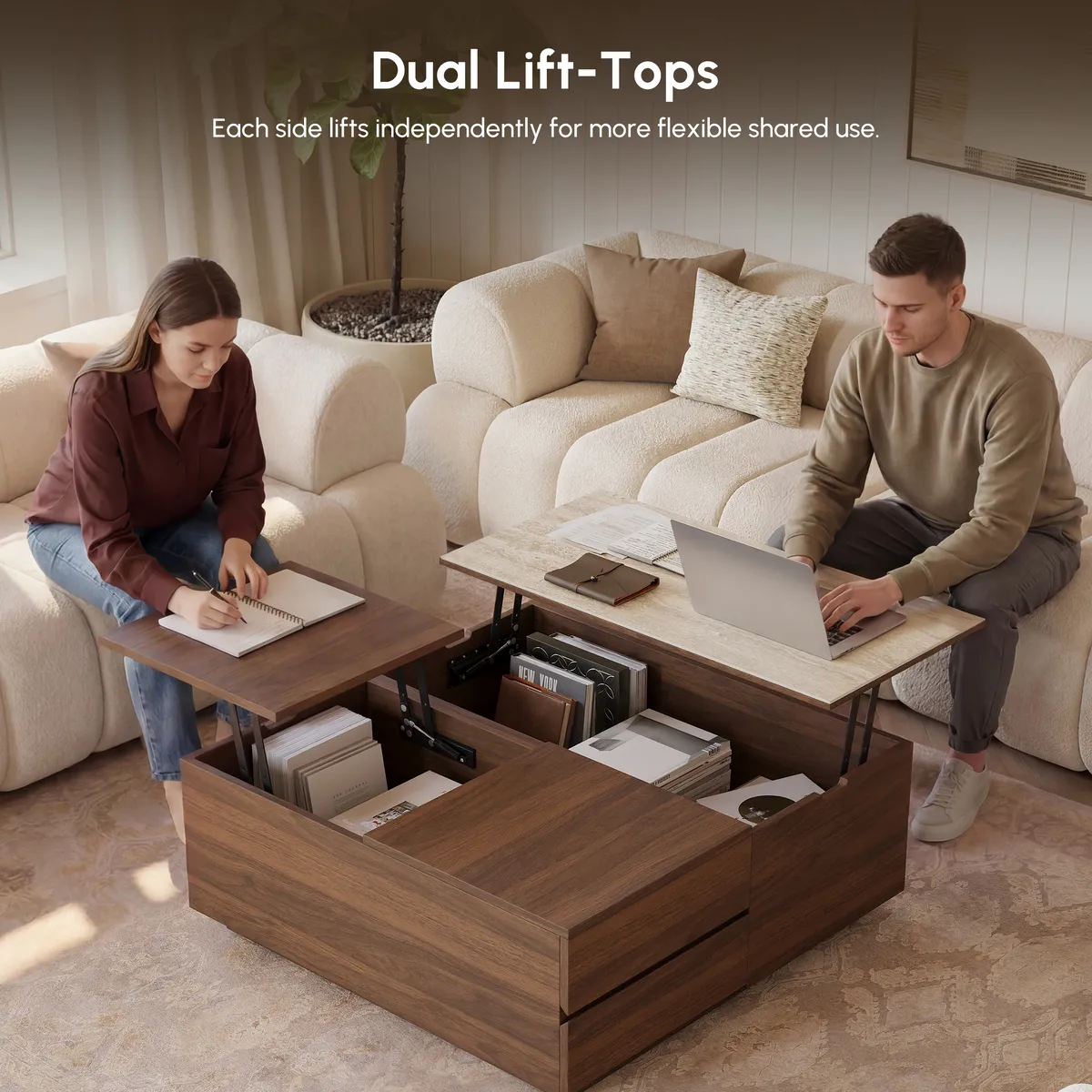39" Square Lift-Top Wood Travertine Veneer Sintered Stone Top Coffee Table with Storage — image 15