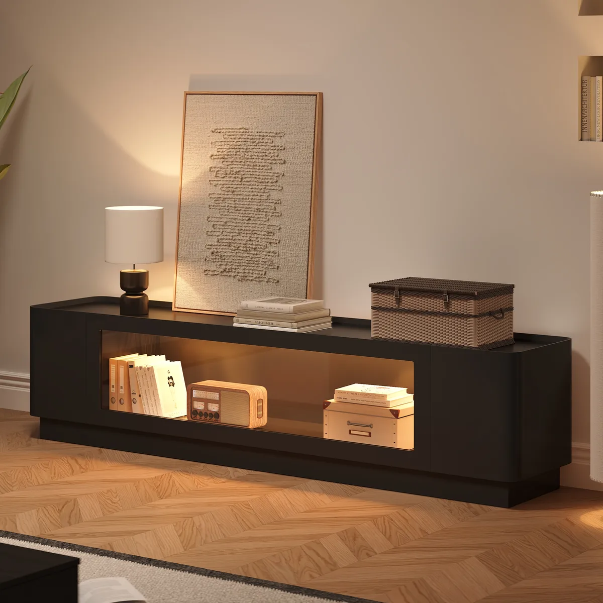 79'' Glass Door TV Stand Mid Century Modern Wood Media Console with Storage & LED — image 2