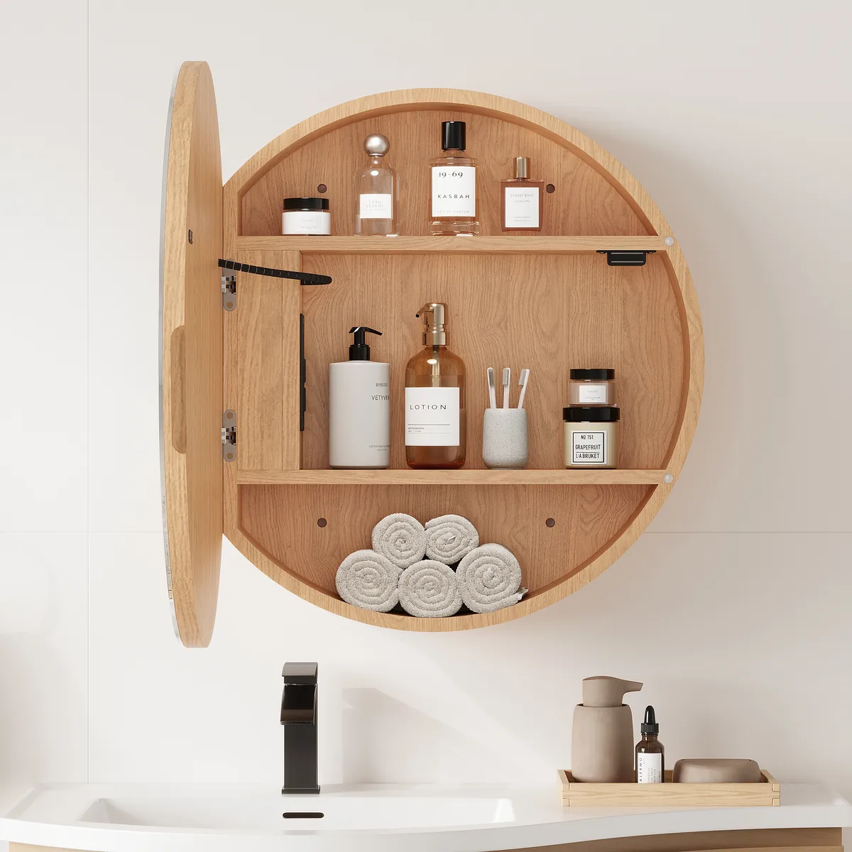 24" Round LED Walnut Medicine Cabinet with Storage, Anti-Fog, Dimmable — image 15