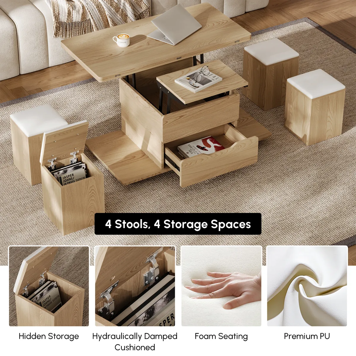 Modern Walnut Lift Top Coffee Table 4 in 1 with Storage Ottoman Foldable and Casters — image 20