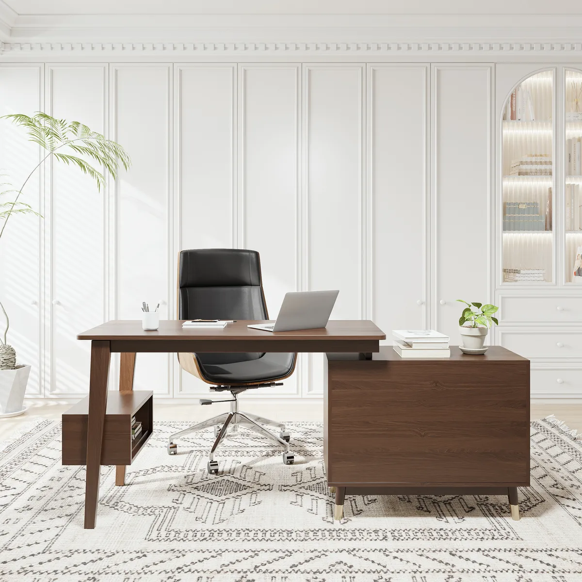 Ultic Gray Reversible L-Shaped Desk & Faux Leather Office Chair Set with Wheels — image 22