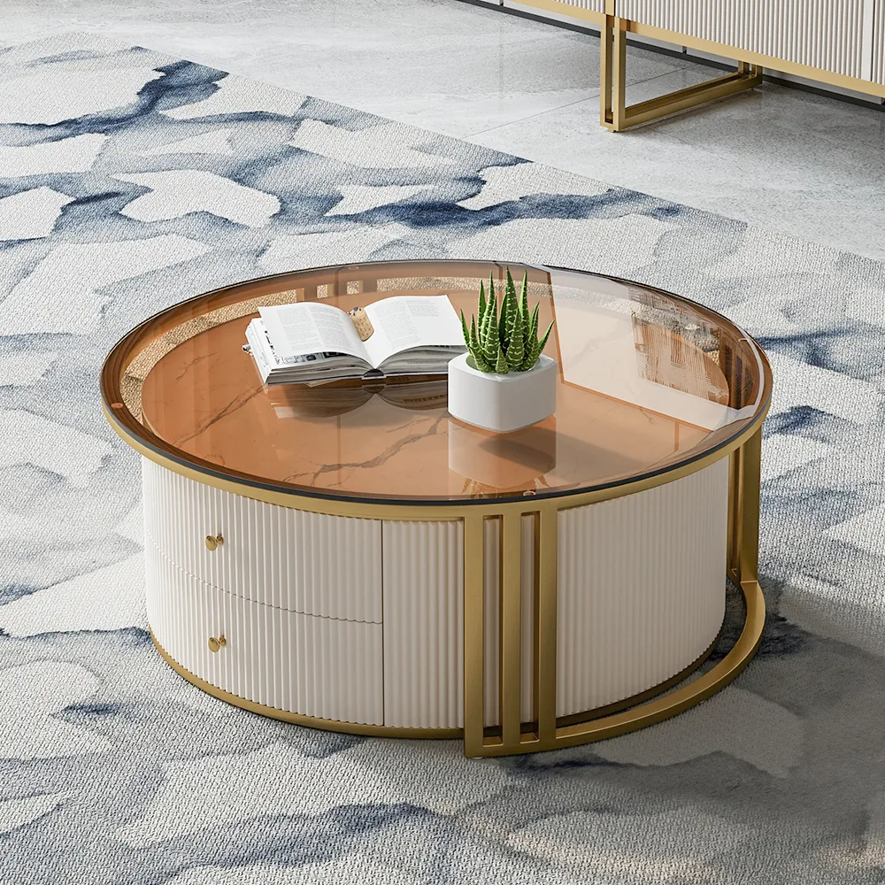 Round 2-Piece Nesting Set Sintered Stone Top Beige Coffee Table with Drawer 78.7" Modern White Boucle Upholstered Fluted 3-Seater Sofa — image 20