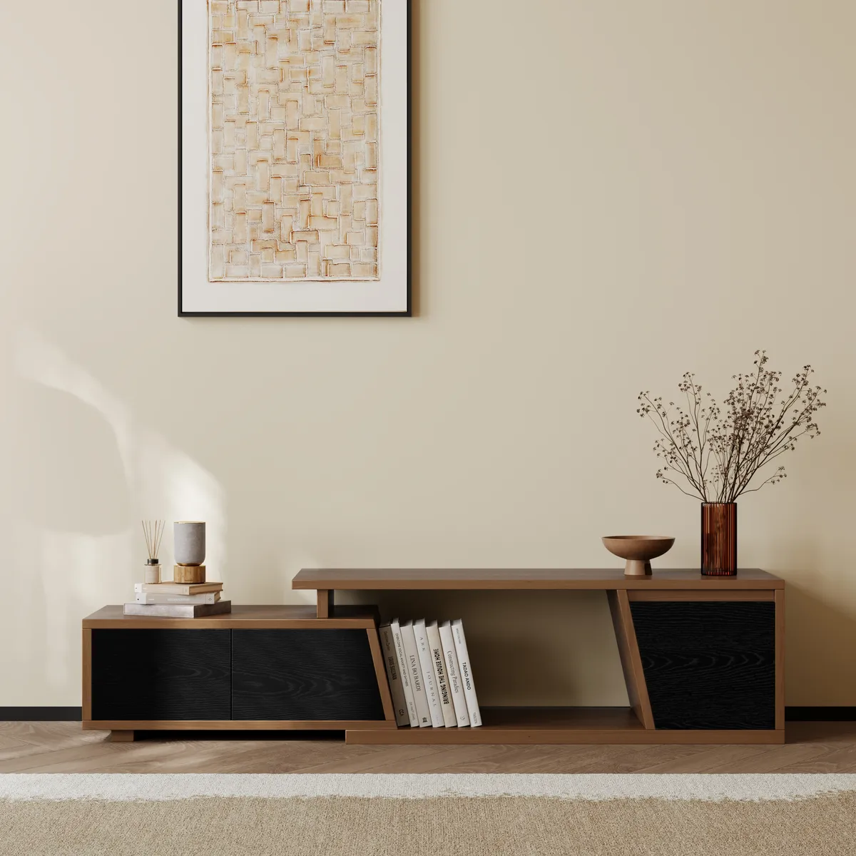 Fero Minimalist Rectangle Gray Extendable TV Stand with 3 Drawers Up