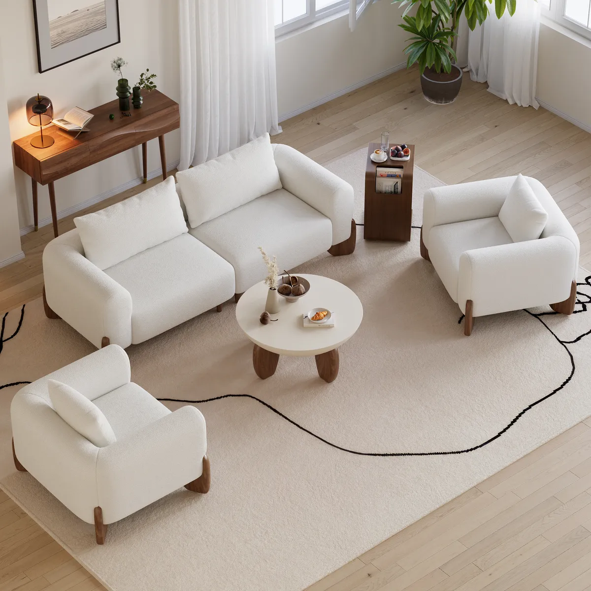 Living Room Sofa Loveseat Set Upholstered 2-Seater Couch & 2 White Boucle Accent Chairs Single Couch Set — image 3