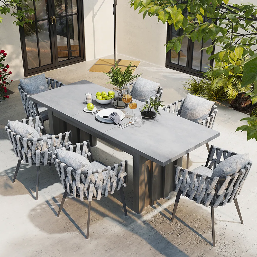 11 Pieces Gray Aluminum Outdoor Patio Dining Set with Extendable Table and Woven Armchai — image 15