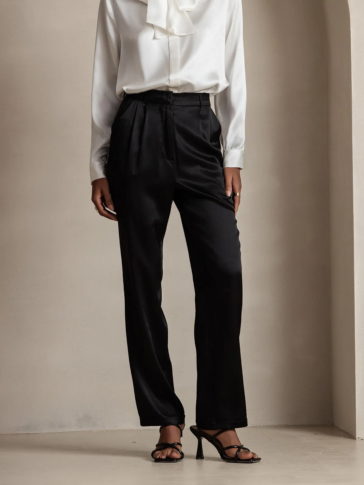 19Momme Silk High Waist Straight Fit Women's Pants with Zipper Side Pockets Design