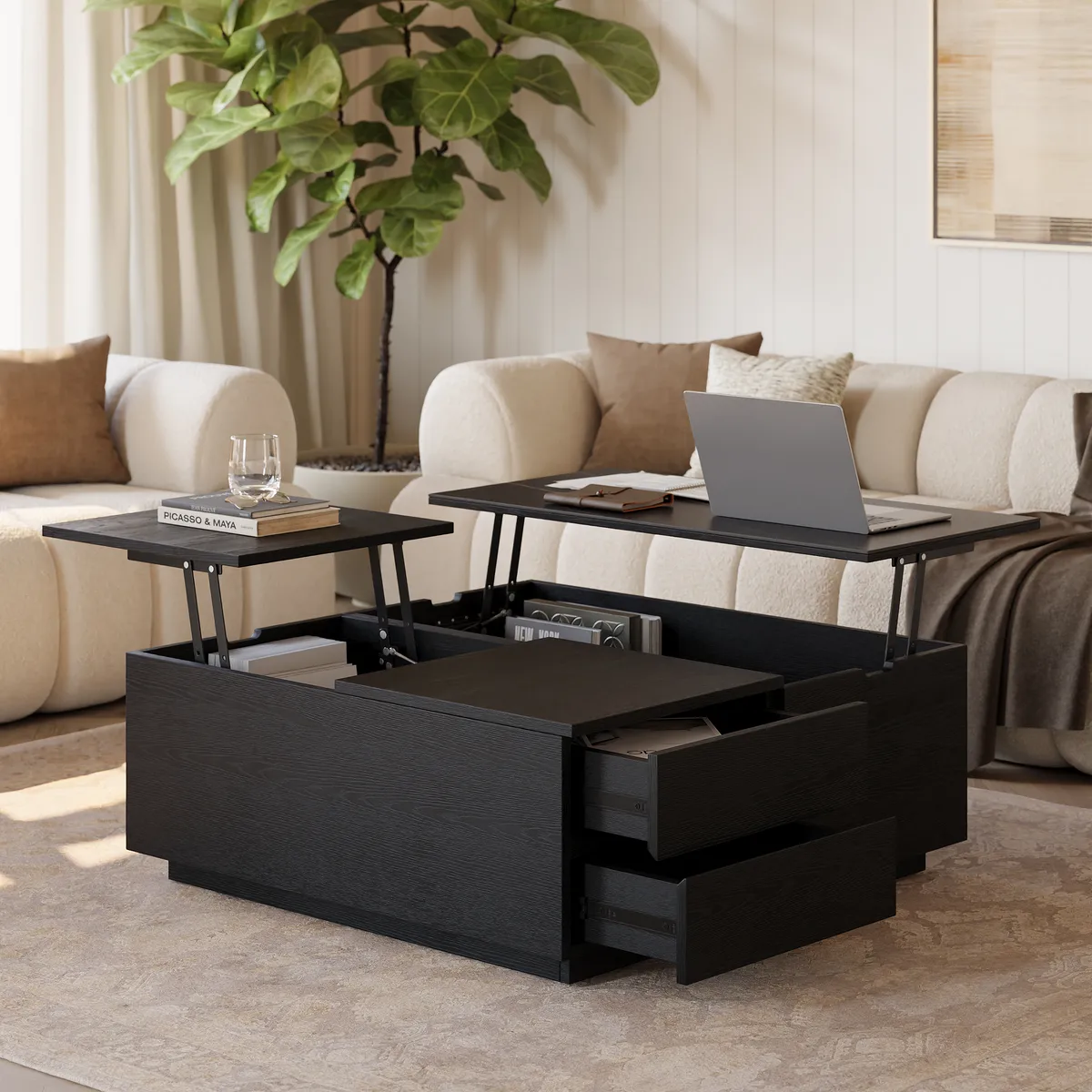 39" Square Lift-Top Wood Travertine Veneer Sintered Stone Top Coffee Table with Storage — image 5