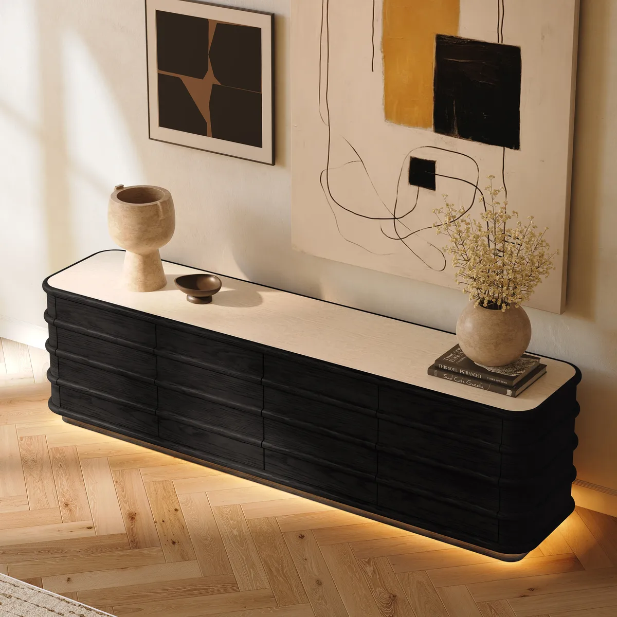 80" Ash Wood TV Stand with Sintered Stone Top — image 4
