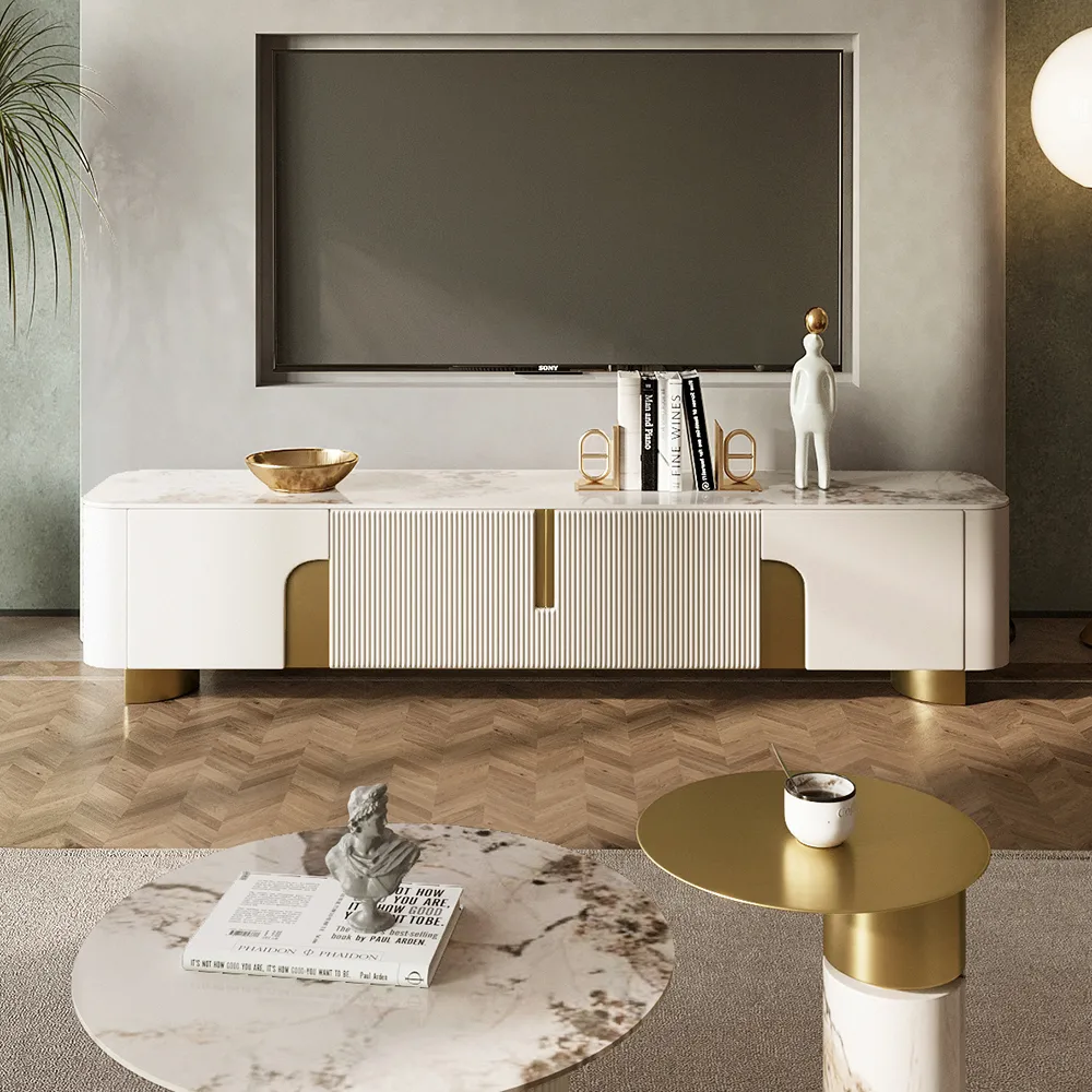 Living Room Cabinet Set Stone Top Beige & Gold TV Stand & Beige Rectangle Large Coffee Table Set — image 4
