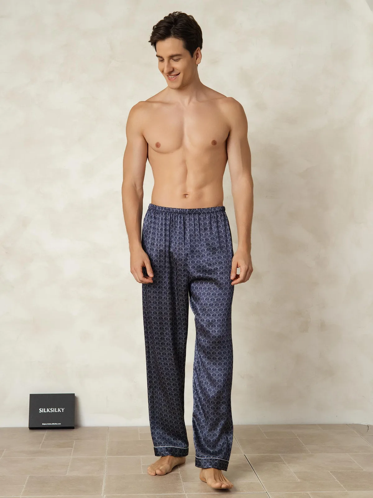 Men's 100% Mulberry Silk Ginkgo Print Sleep Pants with Elastic Waist — image 5