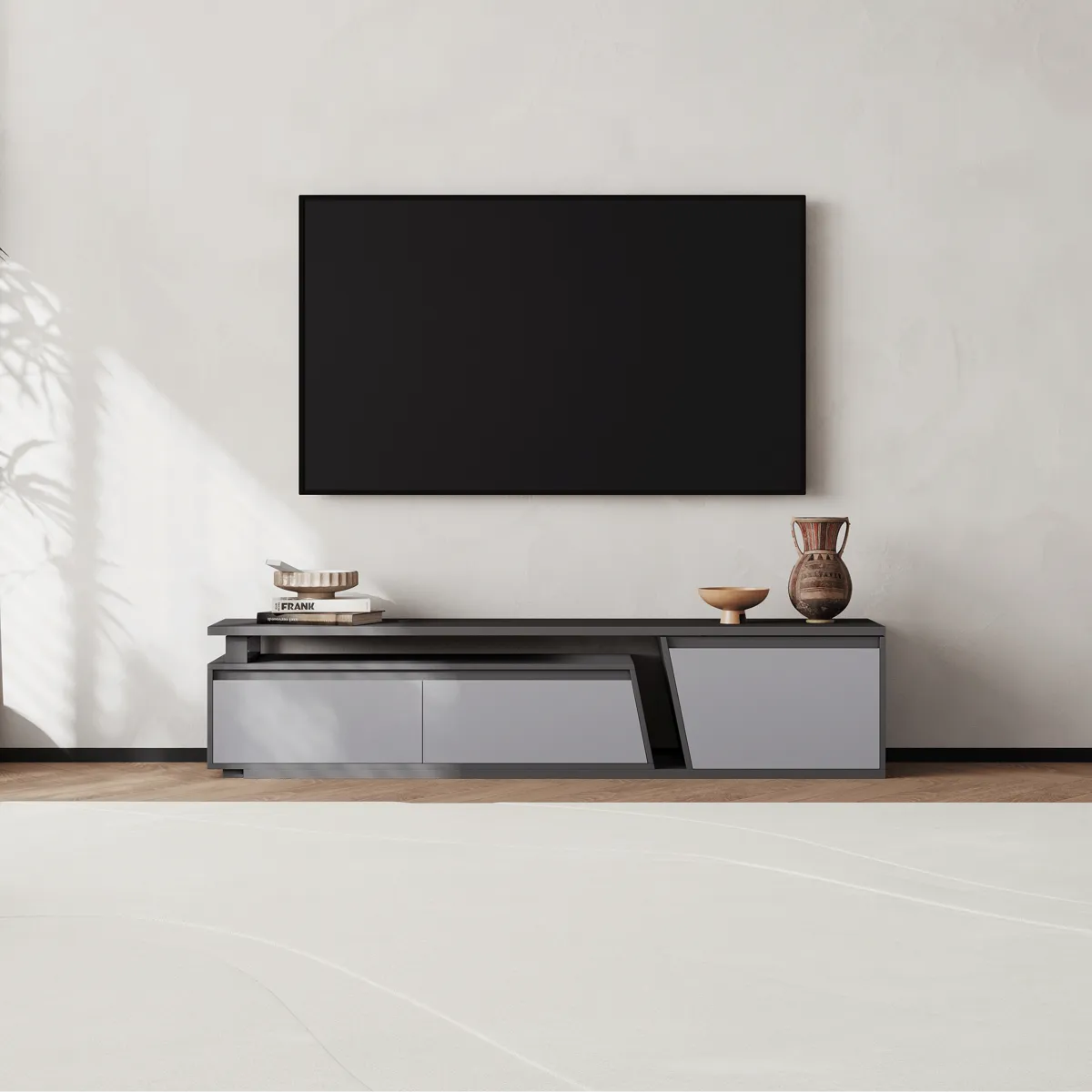 Fero Minimalist Rectangle Gray Extendable TV Stand with 3 Drawers Up — image 14