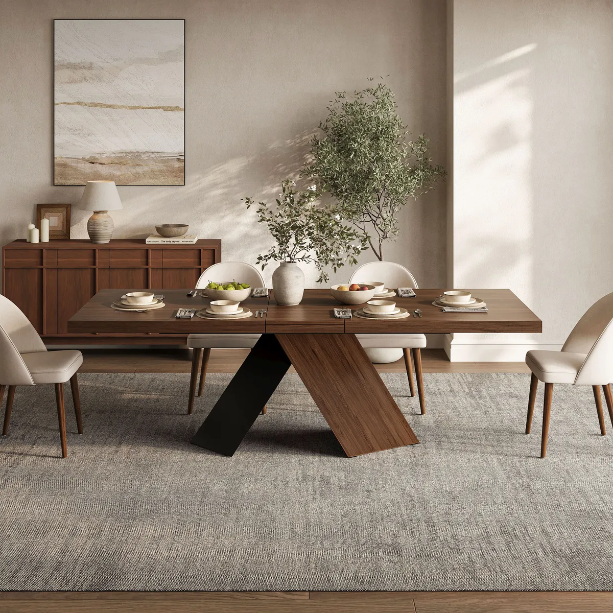 63"-79" Extendable Walnut Dining Table Modern Farmhouse Rectangle 4-6 Seater Pedestal — image 23