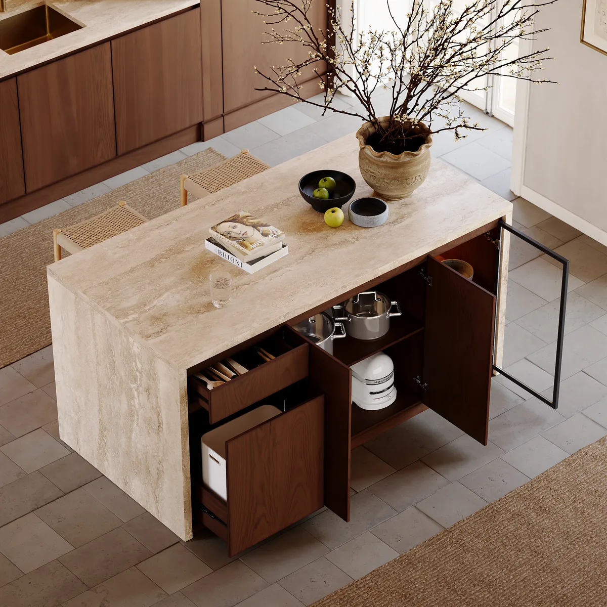 72" Waterfall Wood Kitchen lsland Fluted Panel Design with & Storage & LED Light — image 4