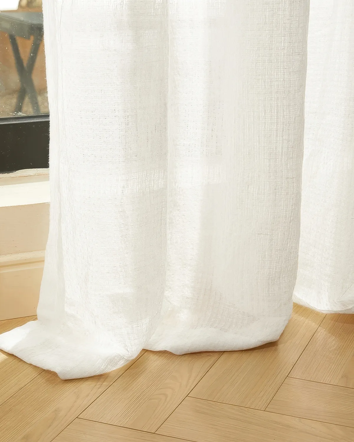 Unwind 52 x 95 Inch Triple French Pinch Pleat White Linen Grid Woven Sheer Curtain — image 3