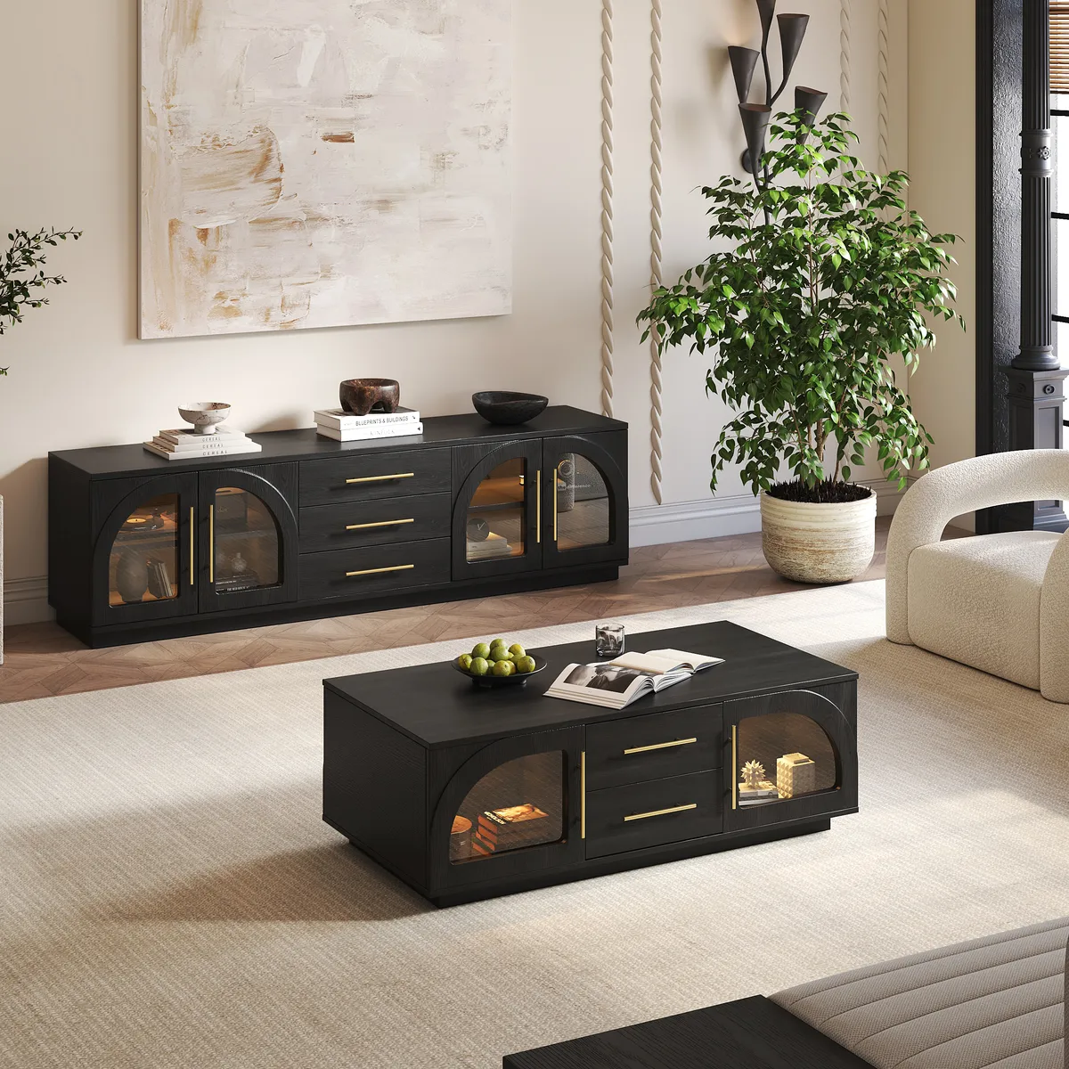Arune 72" Arched Glass Doors Smoked Brown TV Stand with Storage and LED — image 24