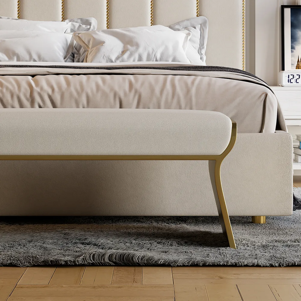 Beige Modern Stainless Steel Bench Leath-Aire Upholstered Bedroom — image 5