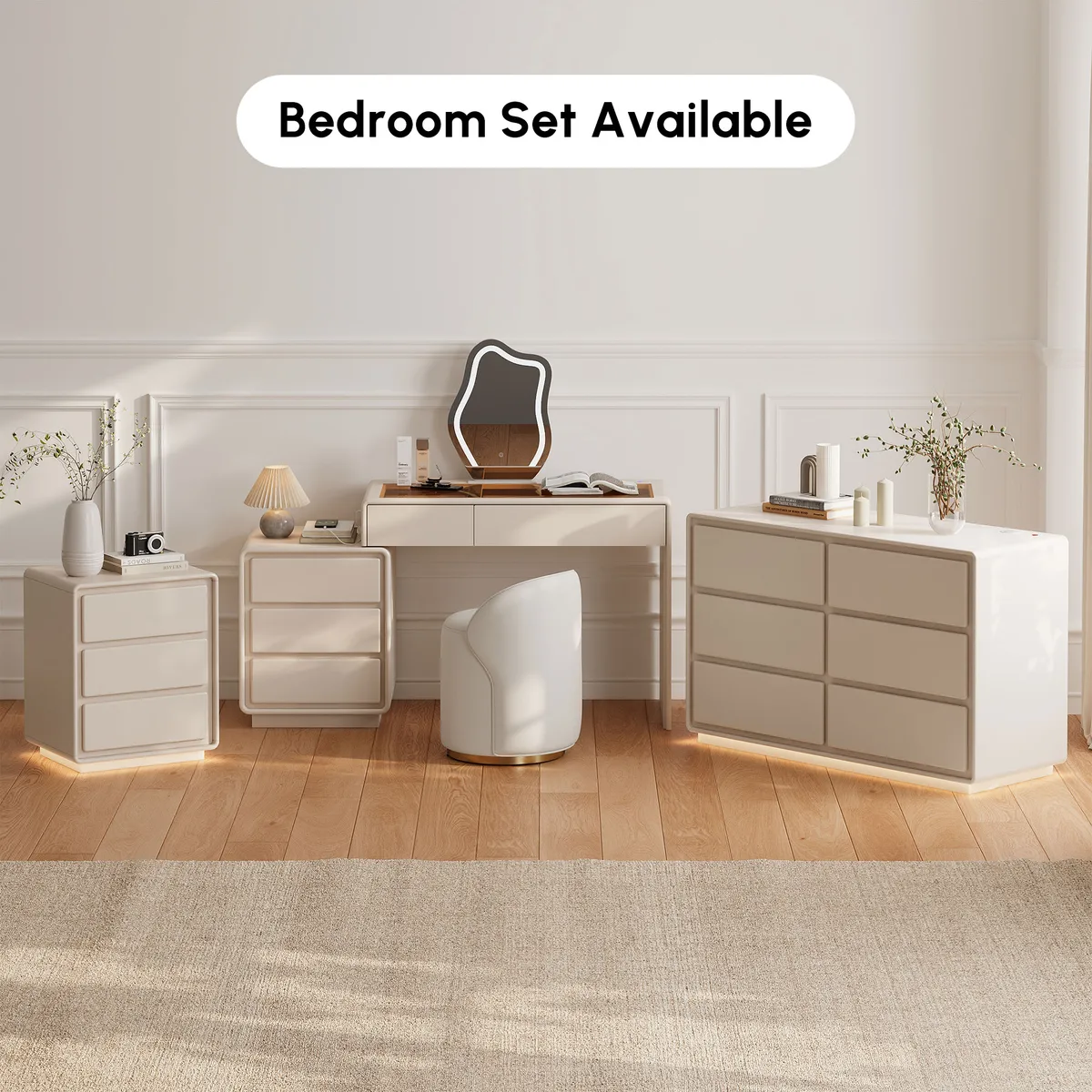 Haloa Modern Matte Warm White Makeup Vanity Set with LED Mirror, Glass Top & Jewelry Storage (40"-57") — image 5