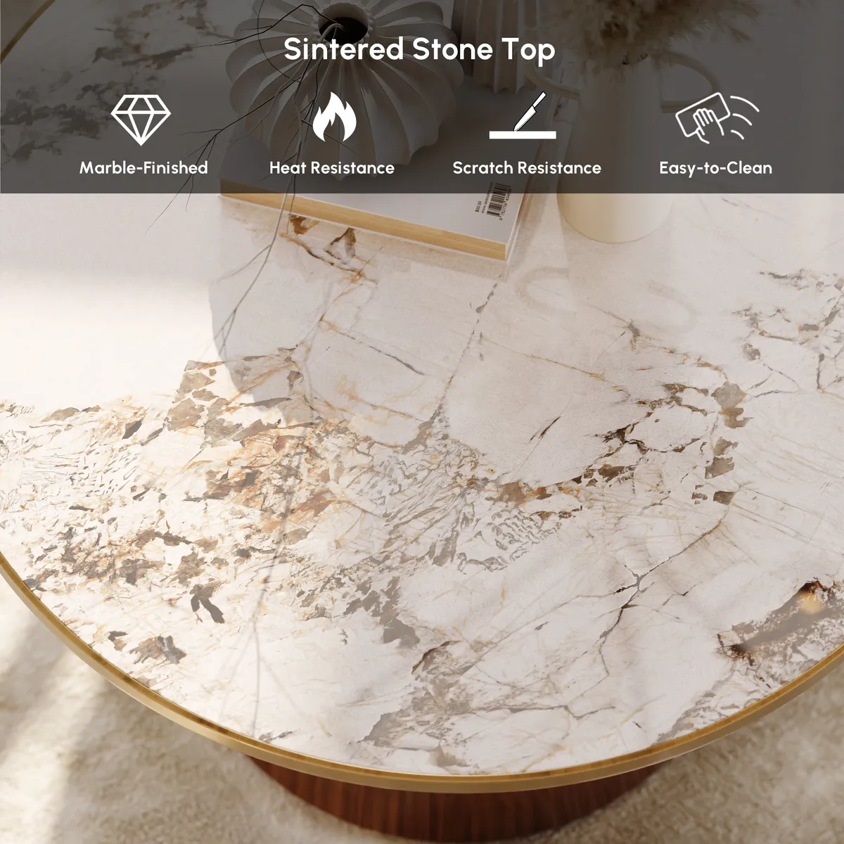 Sintered Stone Round Coffee Table Modern Black Living Room Furniture — image 19