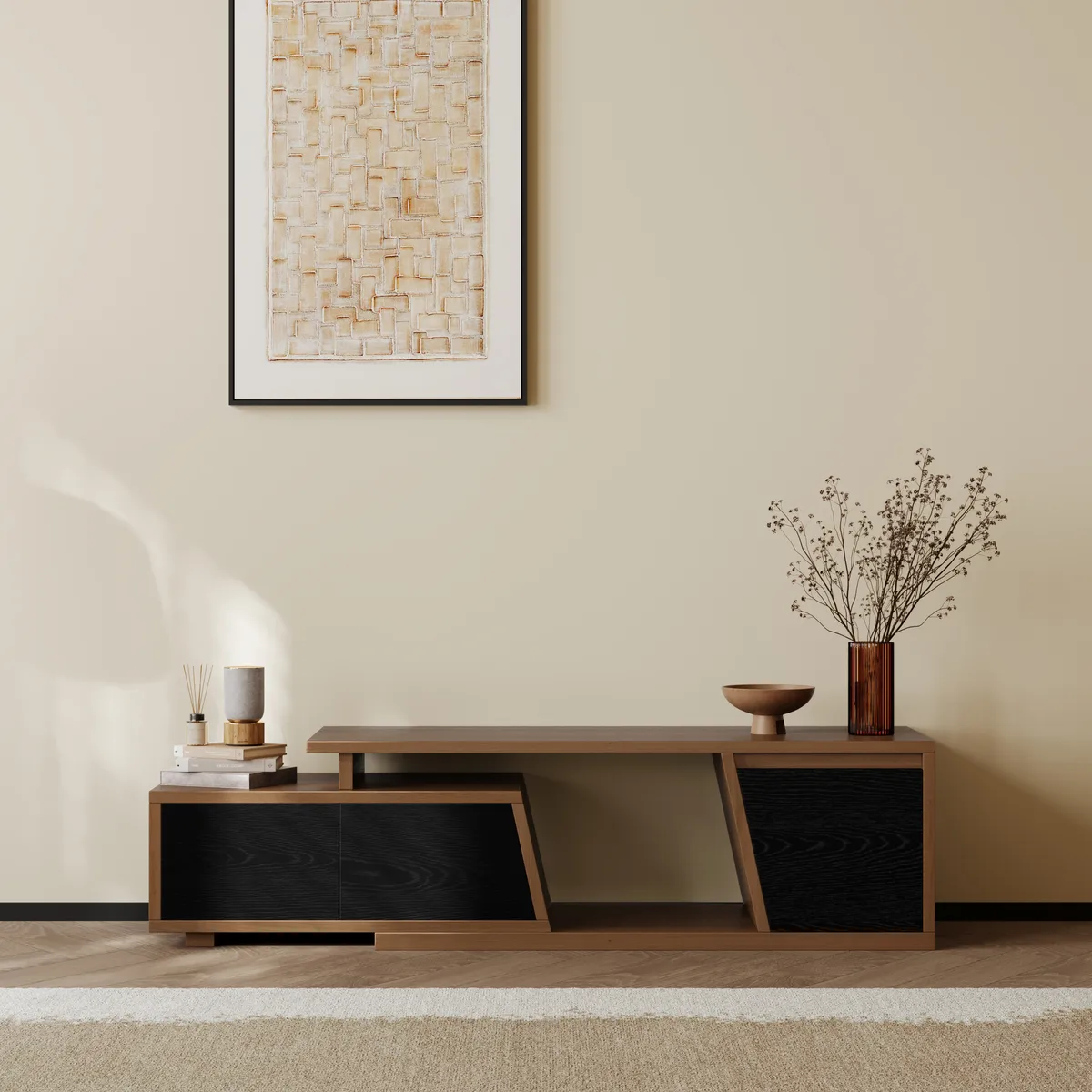 Fero Minimalist Rectangle Gray Extendable TV Stand with 3 Drawers Up — image 7
