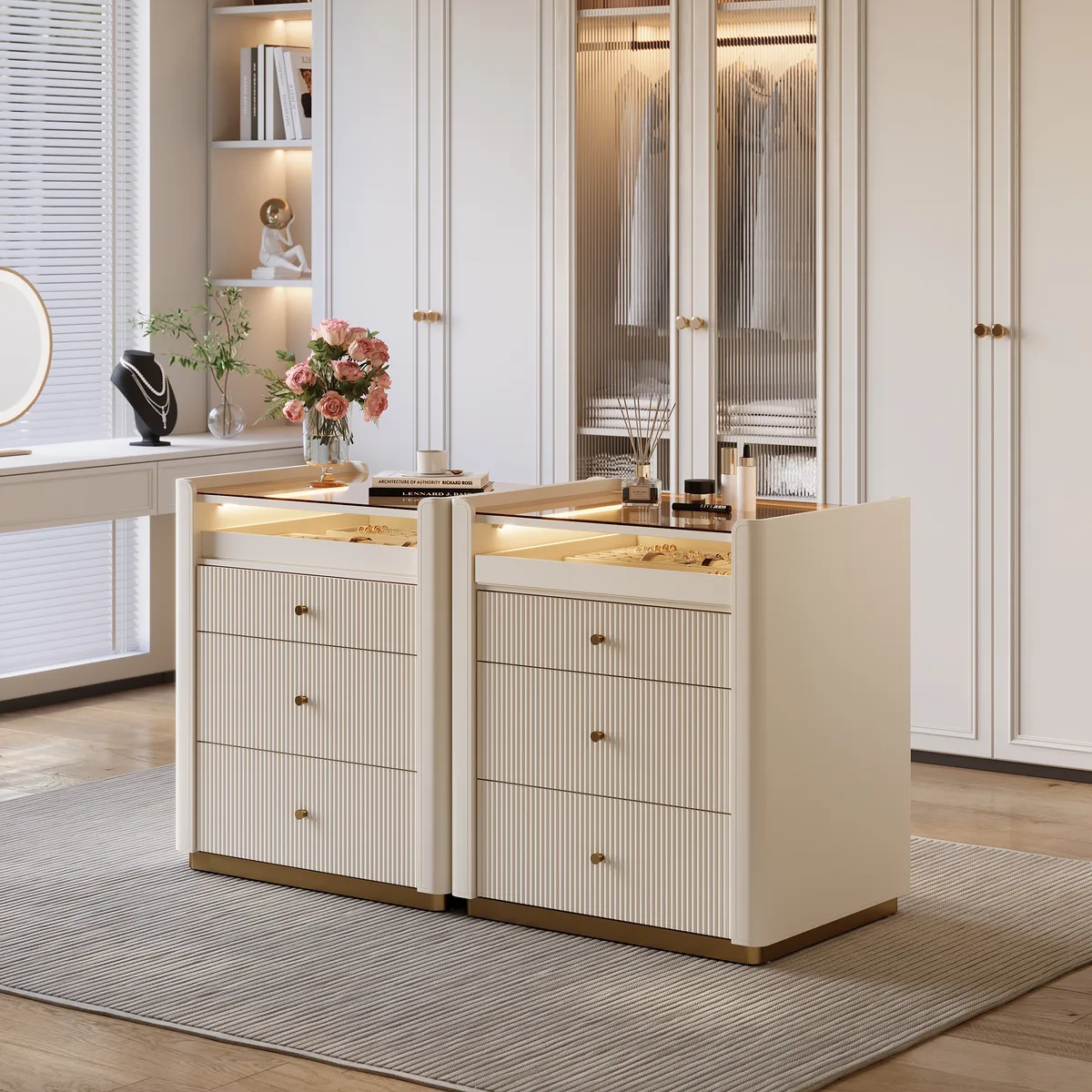 Modern Fluted Leather Closet Island 7 Drawer Dresser with Light & Jewelry Storage — image 5