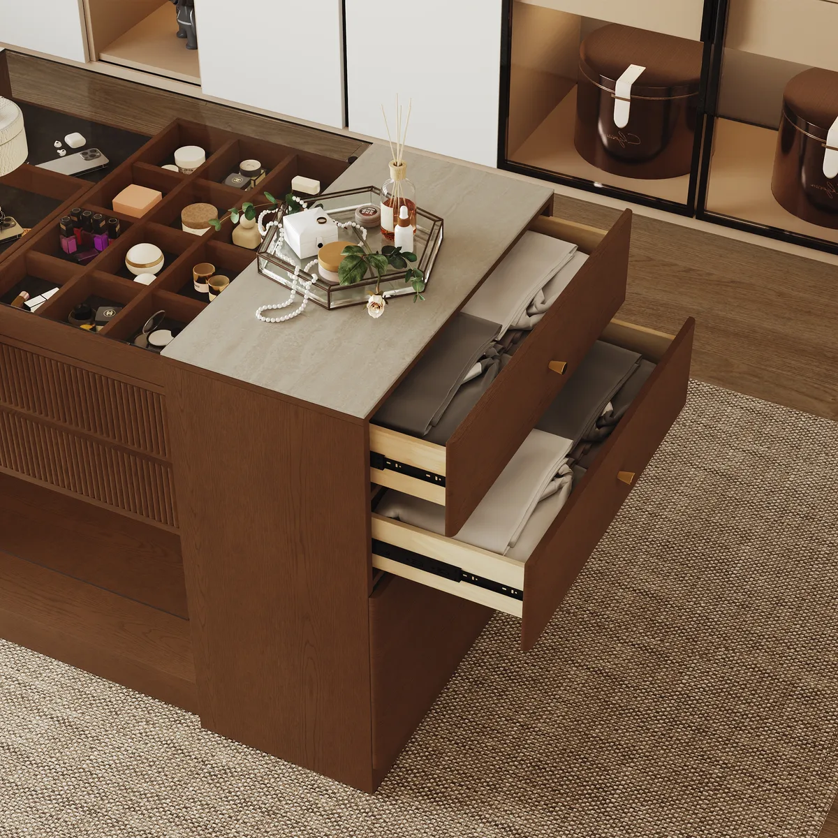 60" Glass Top Walnut Dresser Walk-in Closet Island with Jewelry Storage — image 6