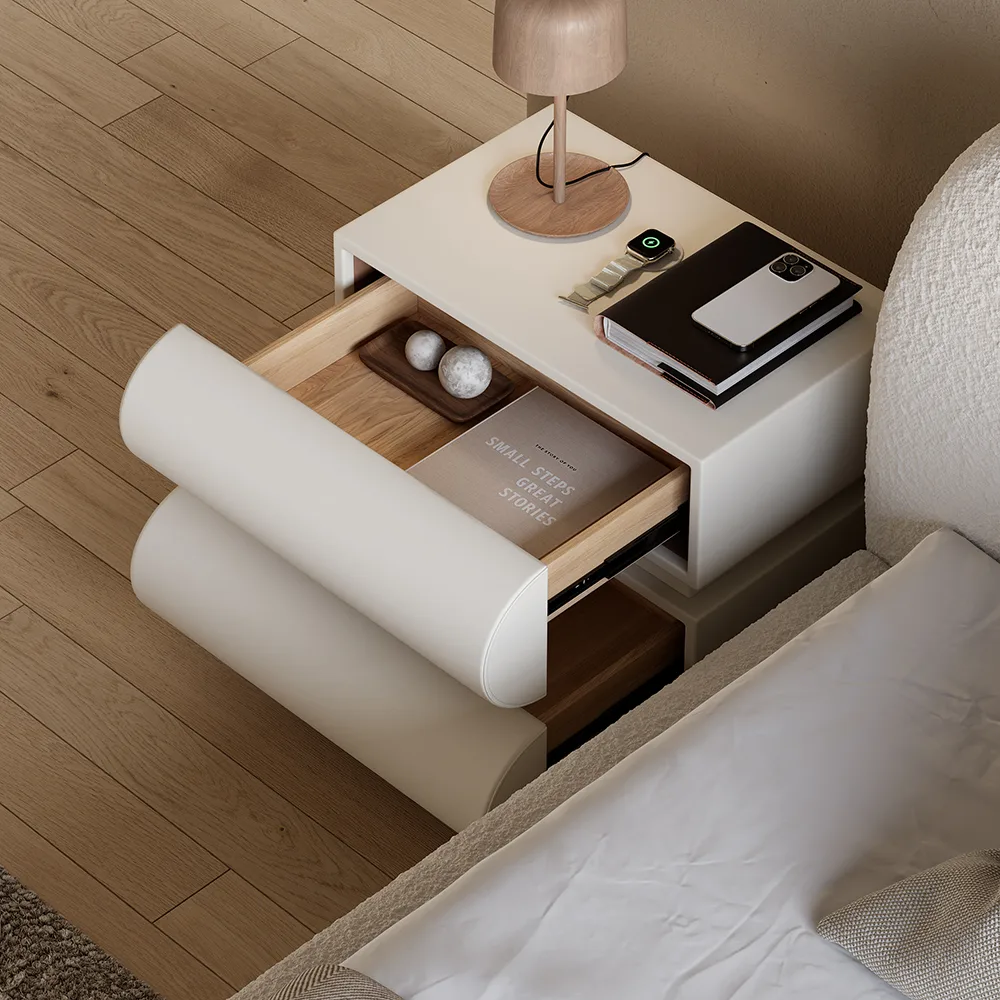 Modern White with Wireless Charger 2 Drawers Bedside Table with USB & Type-C Ports Boucle Upholstered Platform Bubble King Bed Frame — image 6