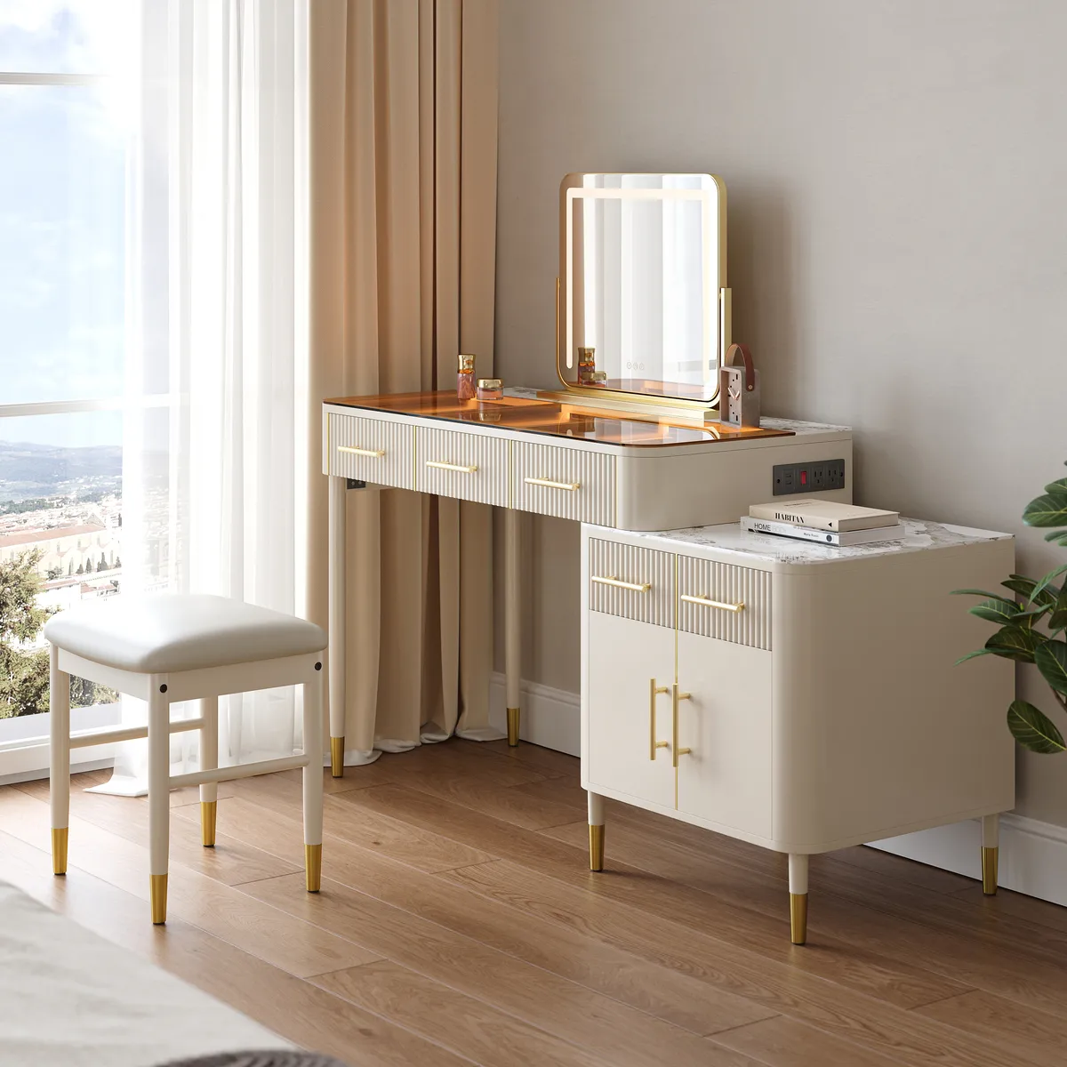 White Makeup Vanity Set with Lighted Mirror & Stool Mid Century Modern Dressing Table with Glass Top — image 14