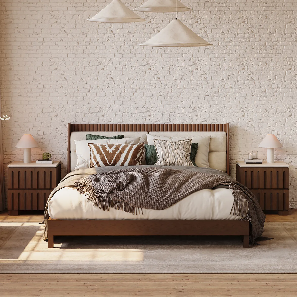 Modern Solid Wood King Upholstered Bed & 2 Drawer Ash Wood Nightstand Set with with Faux Travertine Top — image 2