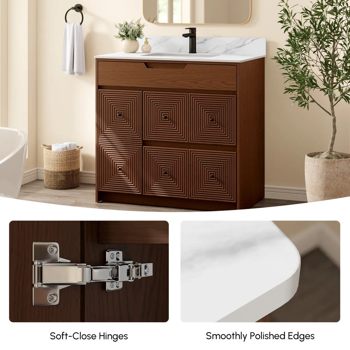 36" Walnut Single Bathroom Vanity with Sink and Sintered Stone Top — image 9