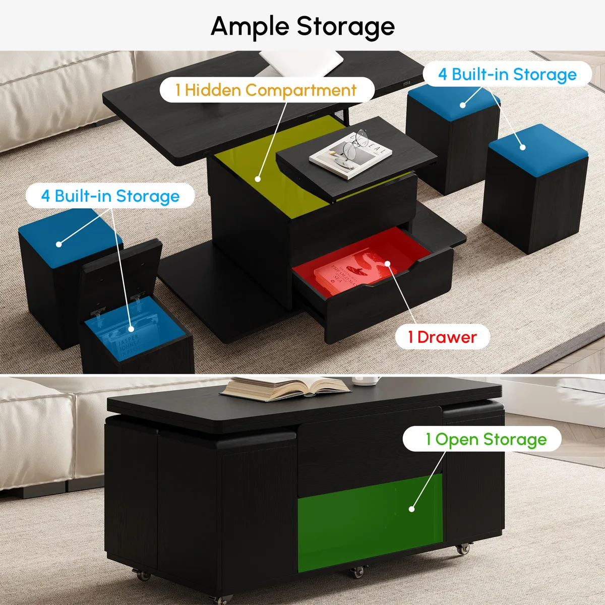 Modern Walnut Lift Top Coffee Table 4 in 1 with Storage Ottoman Foldable and Casters — image 7