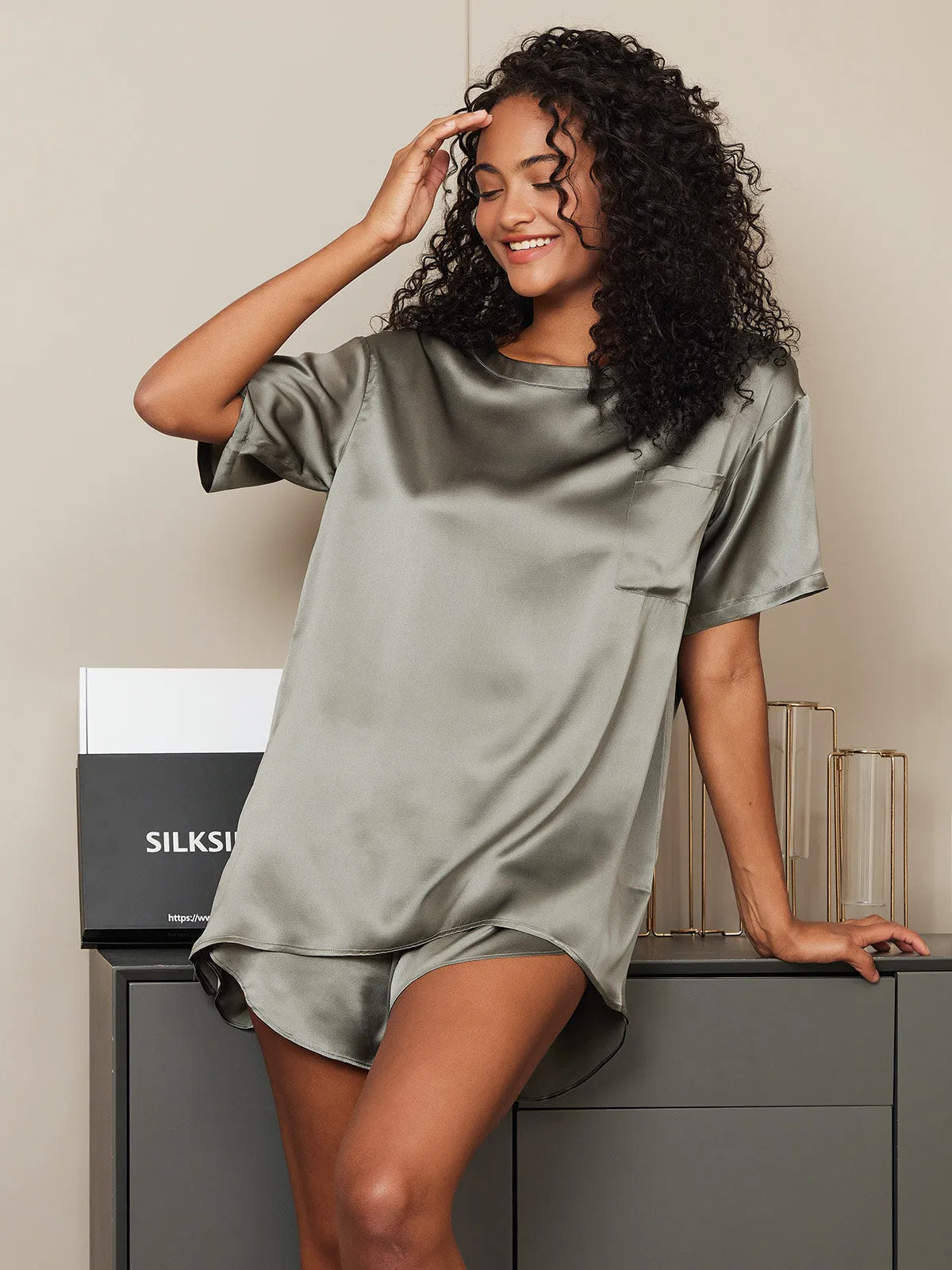 100% Mulberry Silk Short Sleeve Round Neck Womens Sleep Tee (Shorts Not Included) — image 4