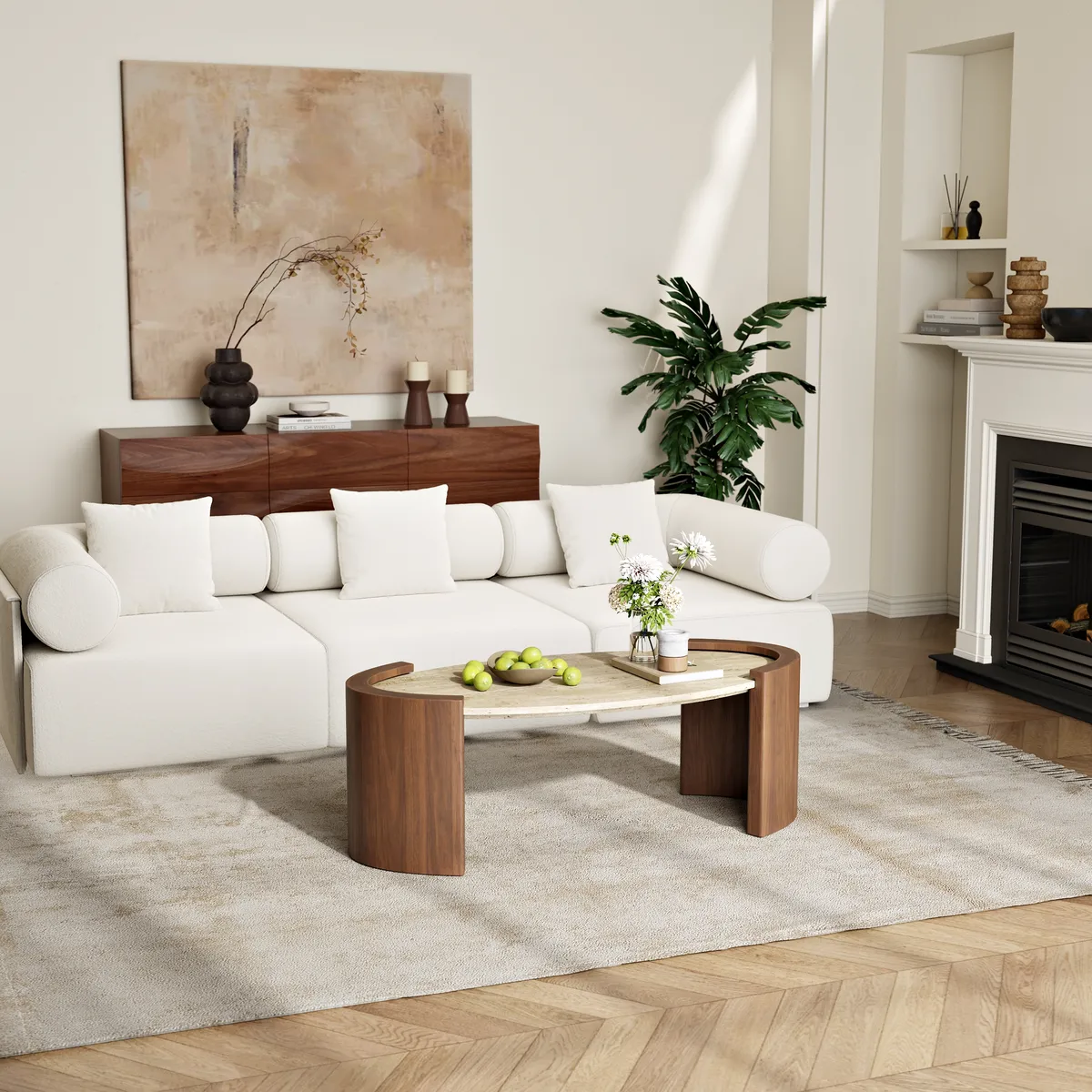 43" Japandi Oval Travertine Stone Top Coffee Table — image 21