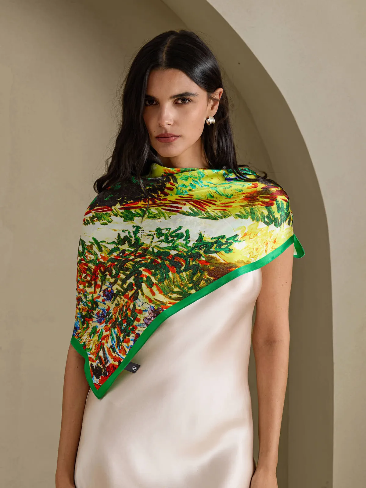 Pure Silk Impressionist Landscape Print Square Scarf  - Size 90x90cm