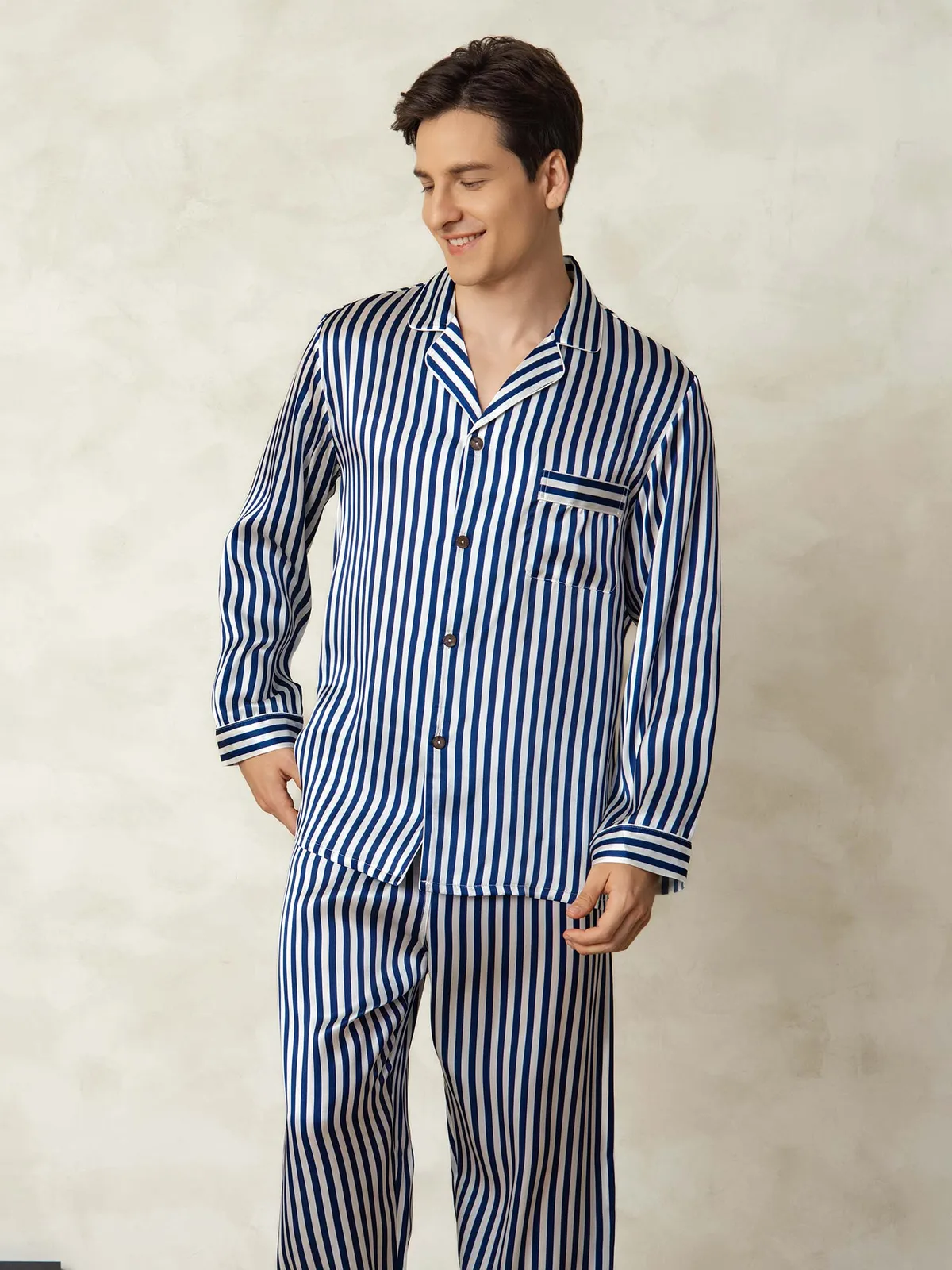 Men's 100% Mulberry Silk Stripe Print Long Sleeve Lapel Collar Pajamas Set — image 5