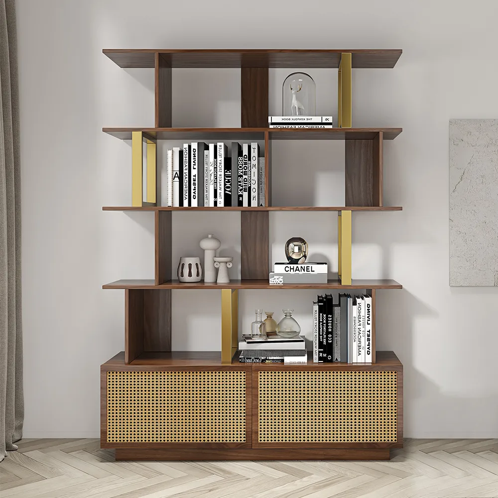 5-Tier Black Wood Bookshelf with 2 Doors Modern Bookcase in Gold Finish — image 22