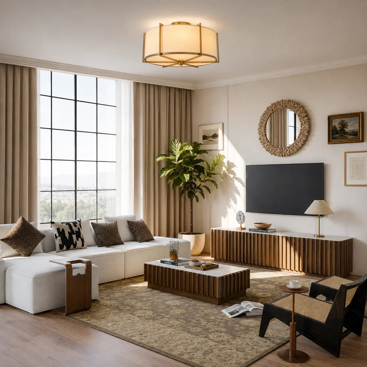 18" Fabric Flush Mount Light in Gold Finish, 3-Light — image 3