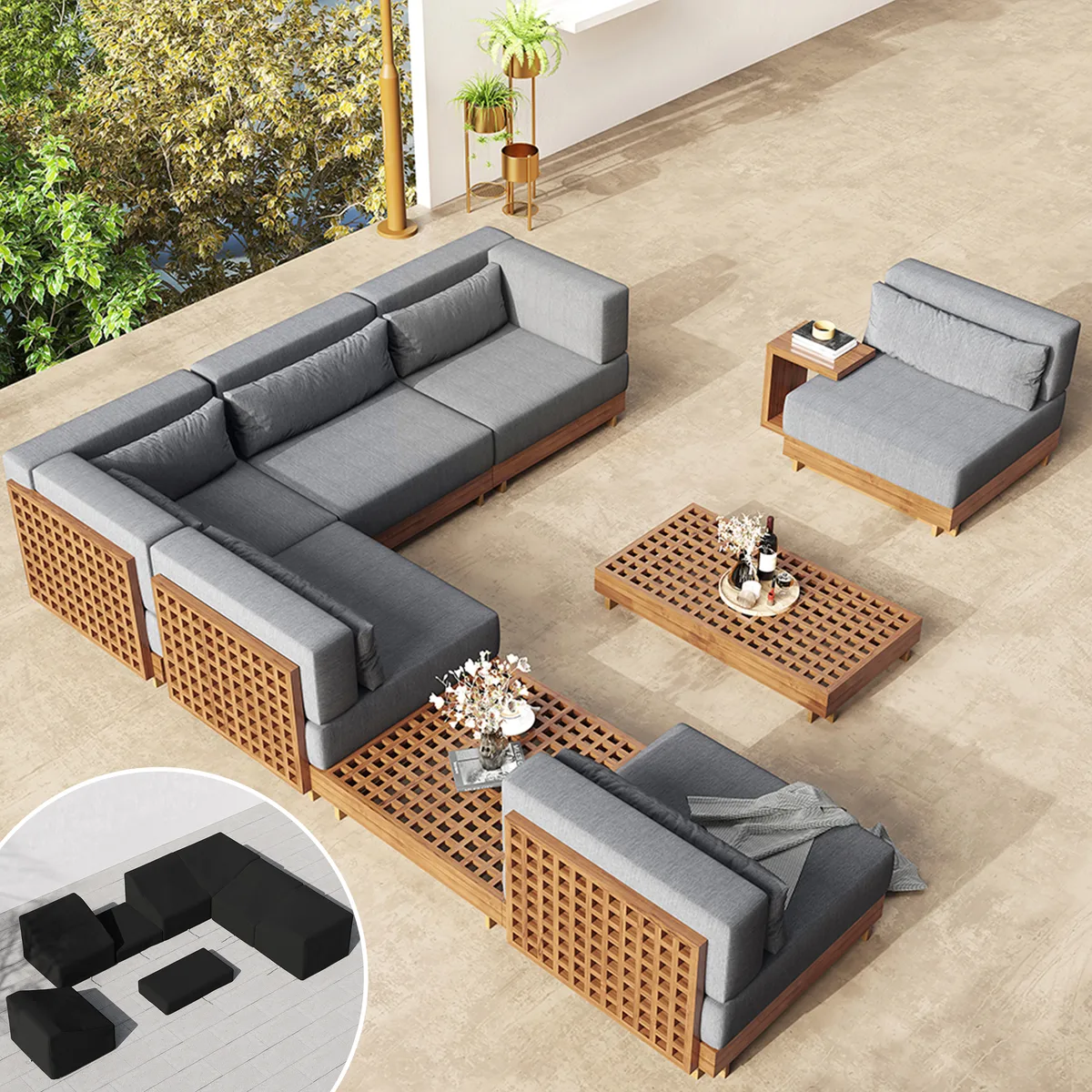 Grida 9-Piece Teak Luxury Modular L-Shaped Outdoor Patio Sectional Sofa Set in Gray with Coffee Table and Cushions — image 17