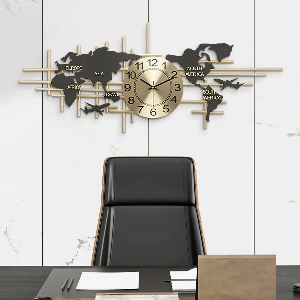 38" Modern Metal Large Map Wall Clock Decor Creative Silent Clocks Art for Living Room — image 3