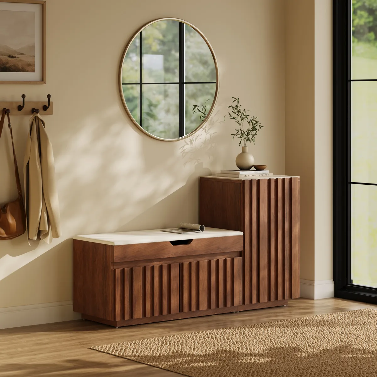 Aura 47” Wooden Shoe Storage Bench with Right-Side Cabinet for Entryway