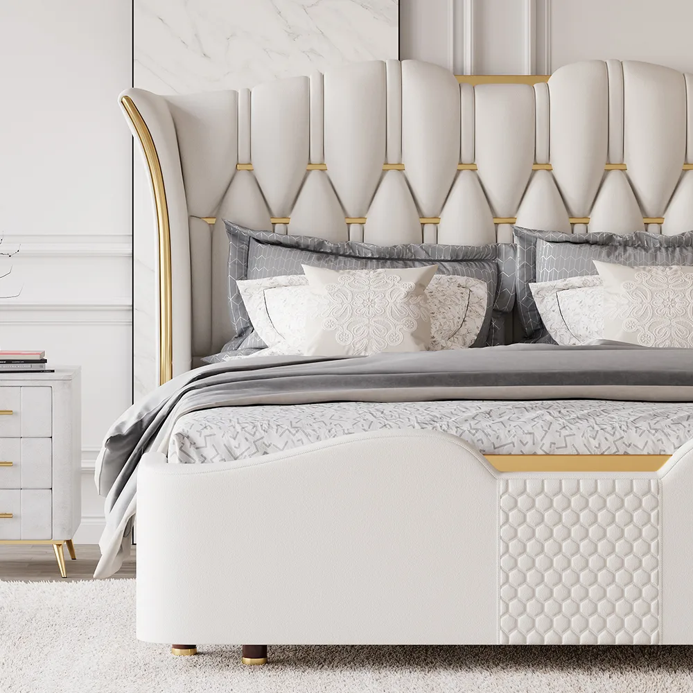 King Size Upholstered Leather Bed Frame with Tufted Wingback Headboard — image 5