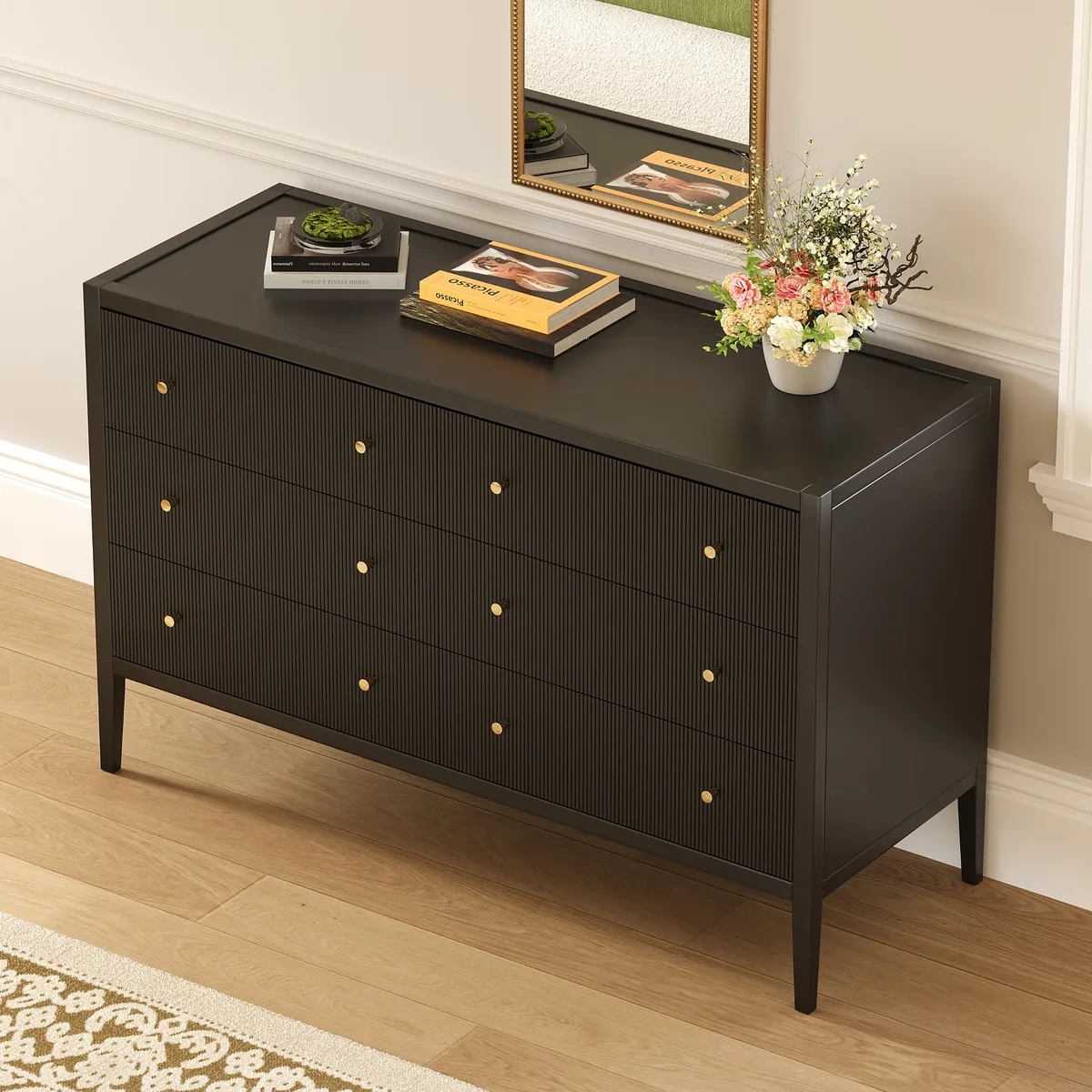 Stria Black Fluted 6-Drawer Dresser & 2 Wide Nightstands Set — image 8