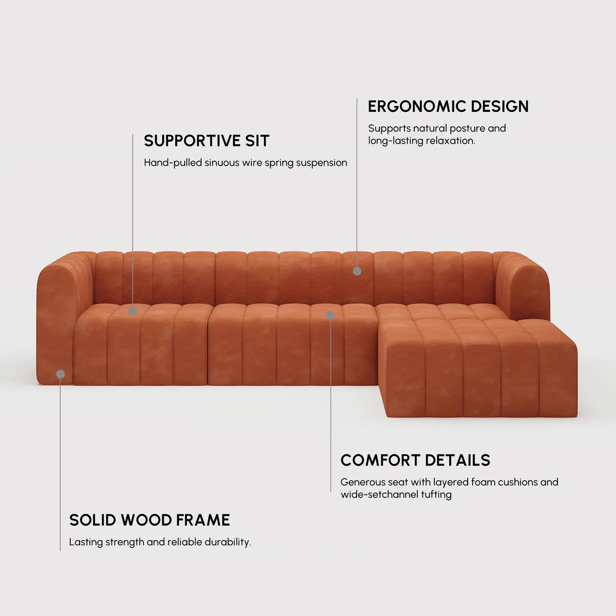 118.9" Velvet Convertible Modular Sectional Sofa Orange Upholstered 6-Seater Sofa Set — image 8