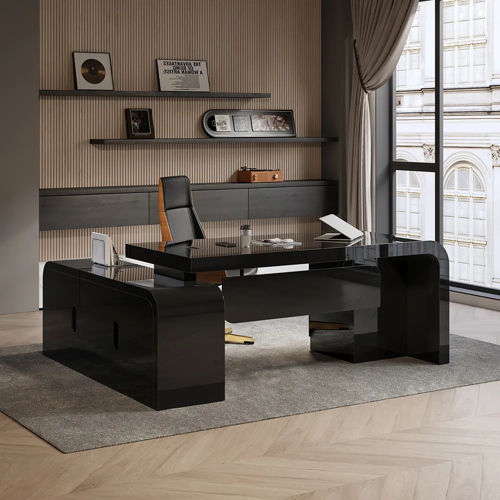L-shaped Modern Executive Desk & Reclining Leather Office Desk Chair High Back — image 21