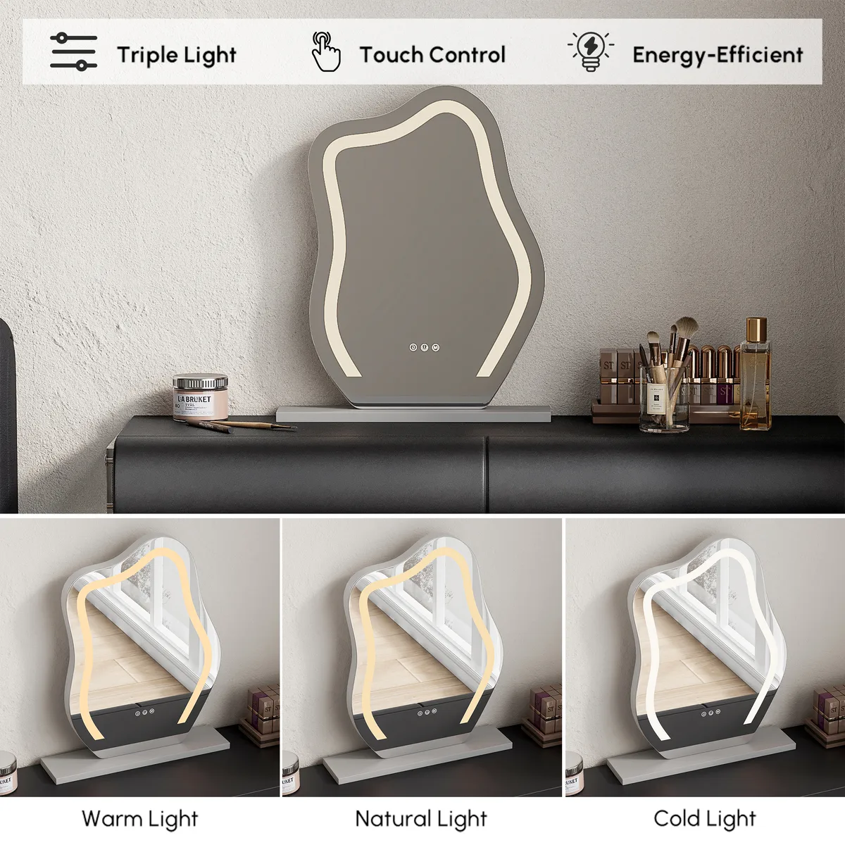 modern white PU leather dressing table set with stool and LED mirror — image 9
