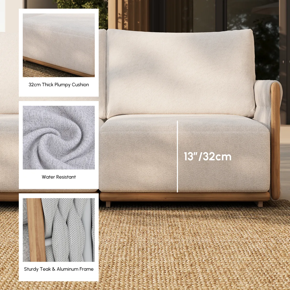 4-Piece Outdoor Teak & Aluminum Sectional Sofa Set with Chaise for 4 in Light — image 7