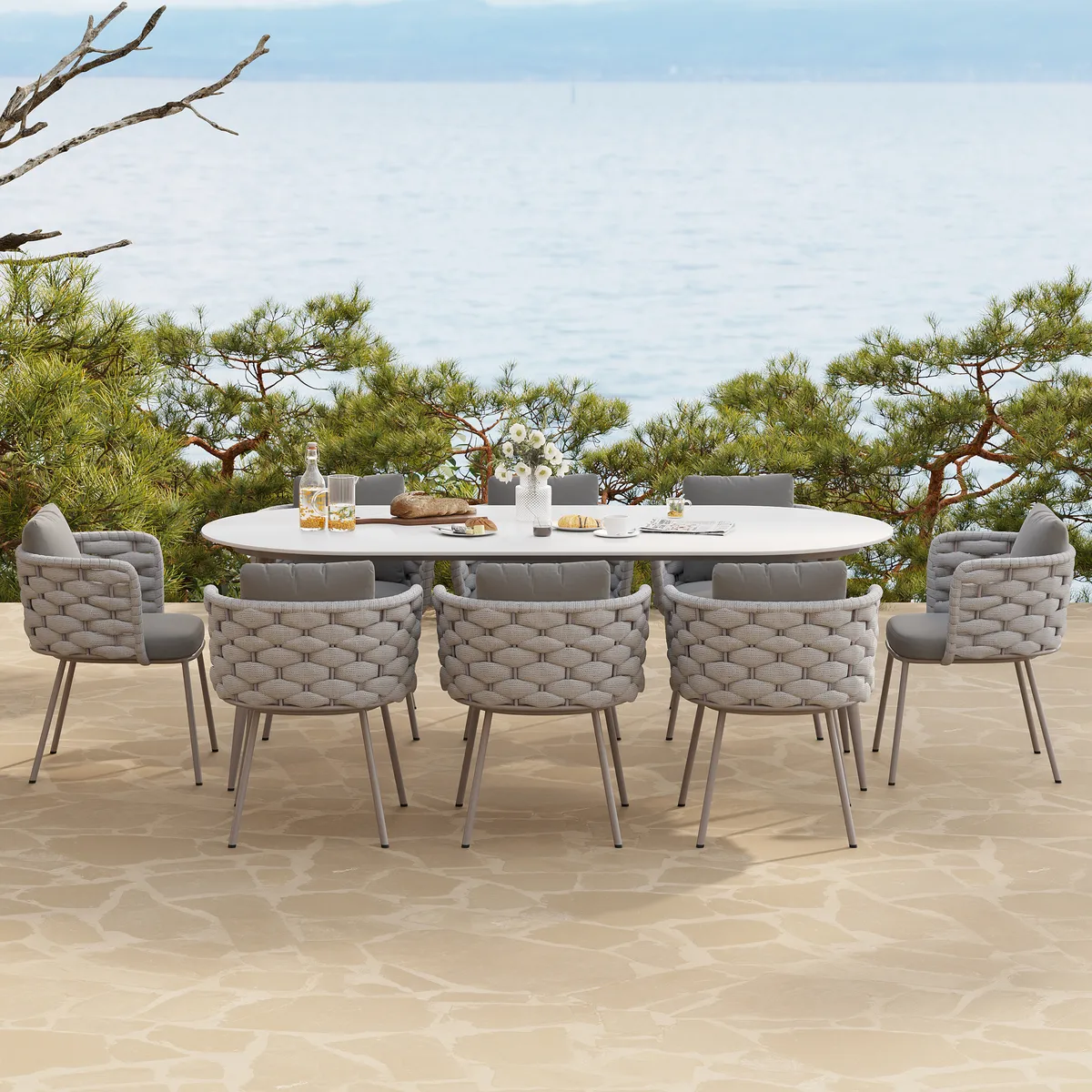 7 PCS 70.9'' Outdoor Sintered St Top Dining Table Set with 6 Rope Woven Armchairs Modern Yard & Patio Dining Furniture Set for 6 Person with Armchairs — image 13